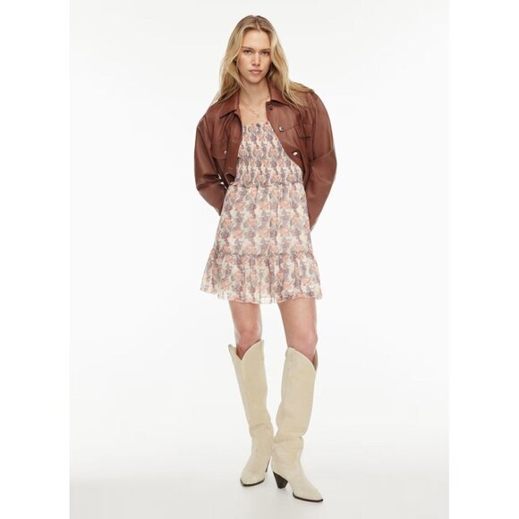 Aritzia WILFRED Tempest Floral Chiffon Ruffle Smocked Tiered Mini Dress, Size M - Picture 12 of 16